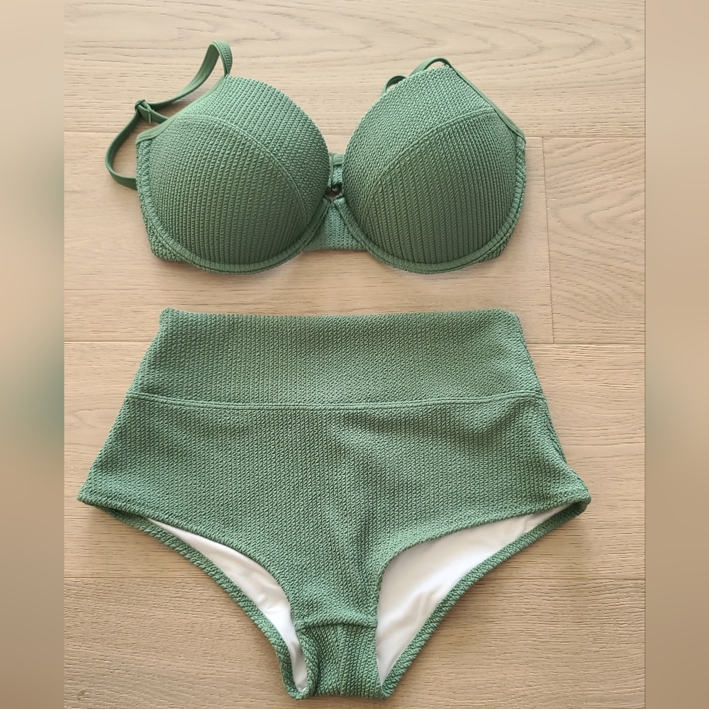 NWOT PINK Victoria's secret Bikini high waisted Bottom M & top Set S-DD green